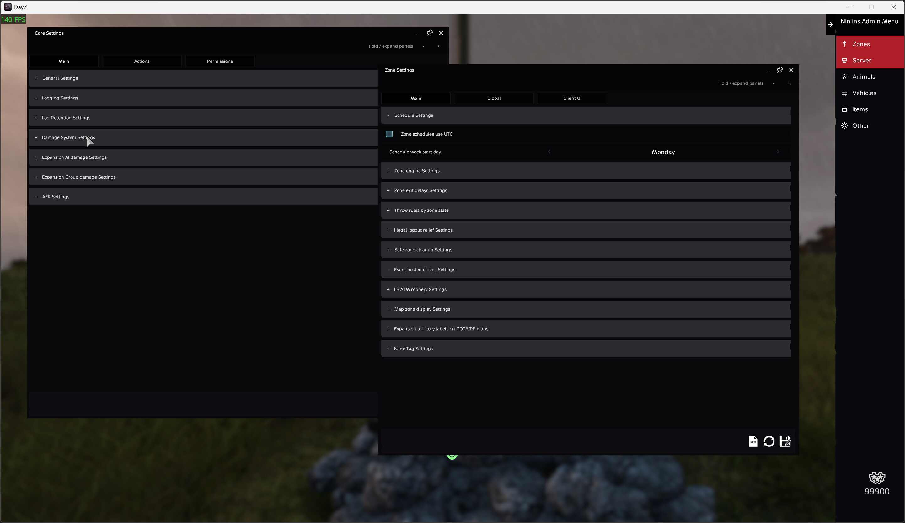 Core Settings and Zone Settings windows