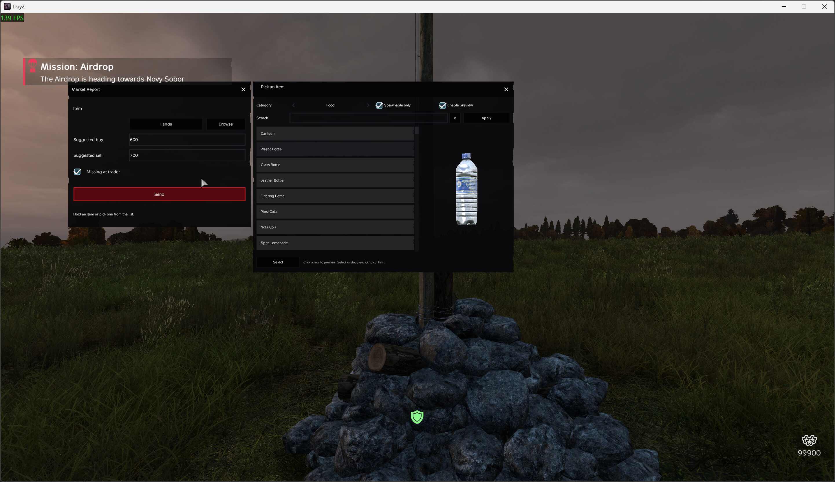 Market report and item browser with a water bottle preview