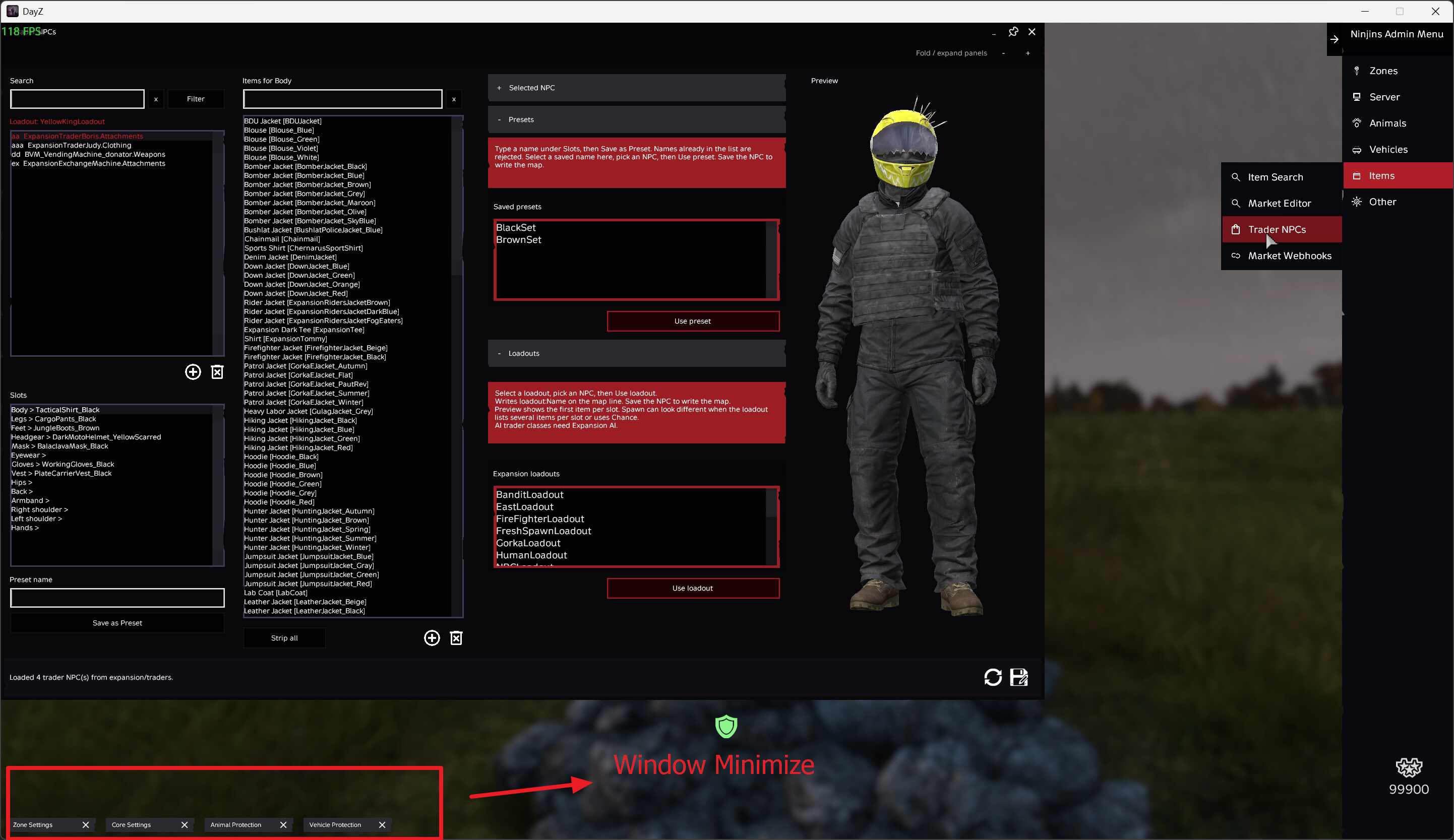 Trader NPC editor with character preview and minimized windows