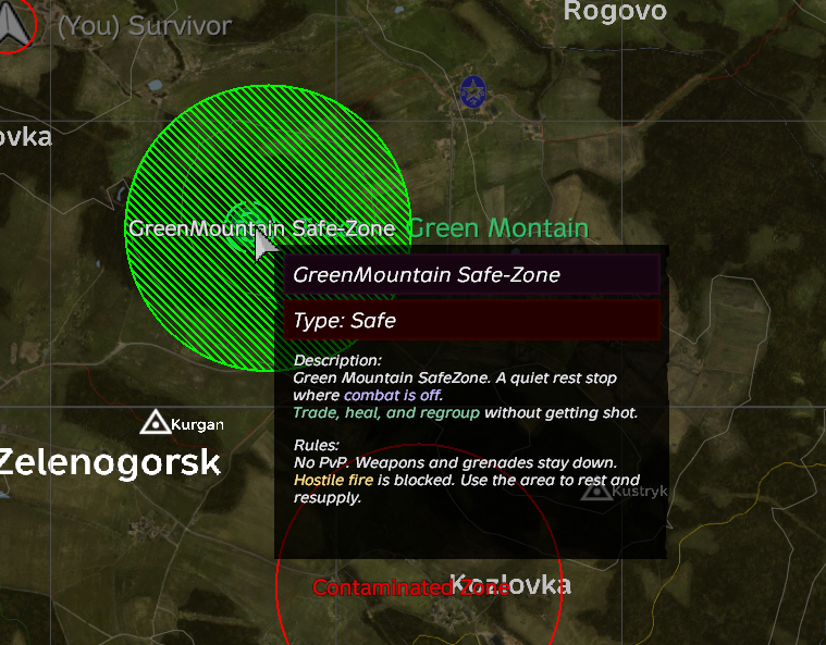 Green Mountain Safe-Zone hover on the in-game map